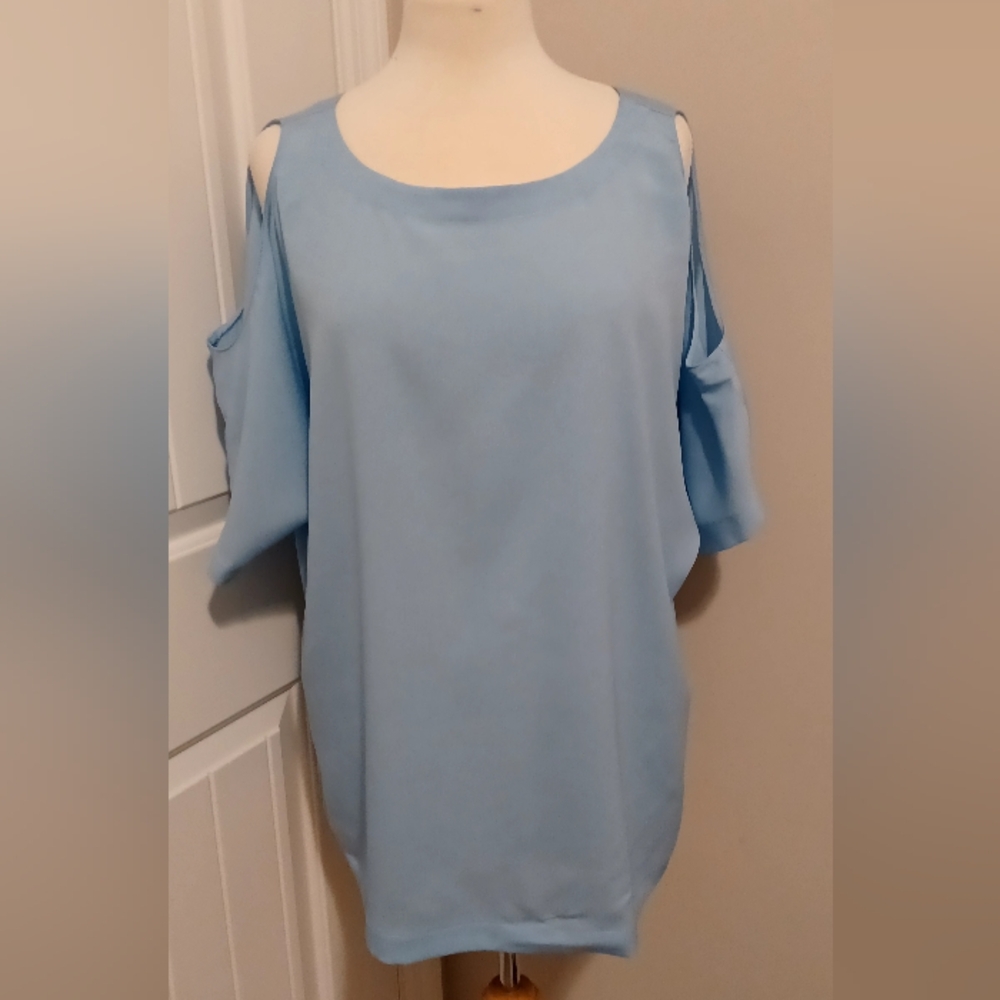 GIANNI BINI FLOWY BABY BLUE OPEN SHOULDER  SLEEVES BLOUSE SZ LARGE # EO4